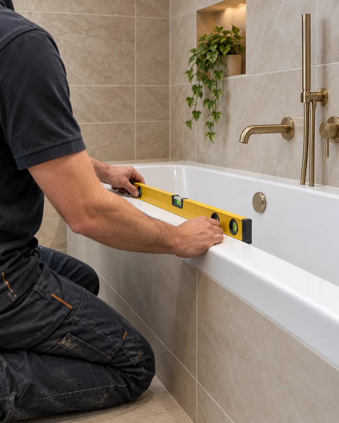 J. Copland ensuing bath tub is at the correct level whilst installing a new bath during a professional bathroom renovation