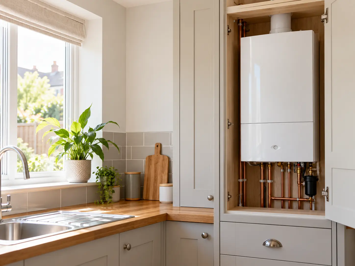Modern combi boiler installed neatly in a bright kitchen, providing efficient heating and hot water for a home