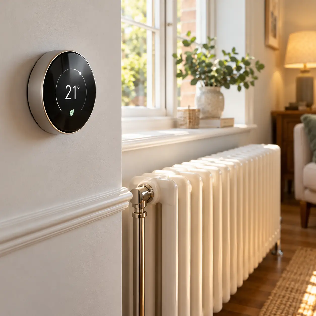 Modern heating thermostat beside a warm radiator, helping homeowners control their new boiler and central-heating system efficiently
