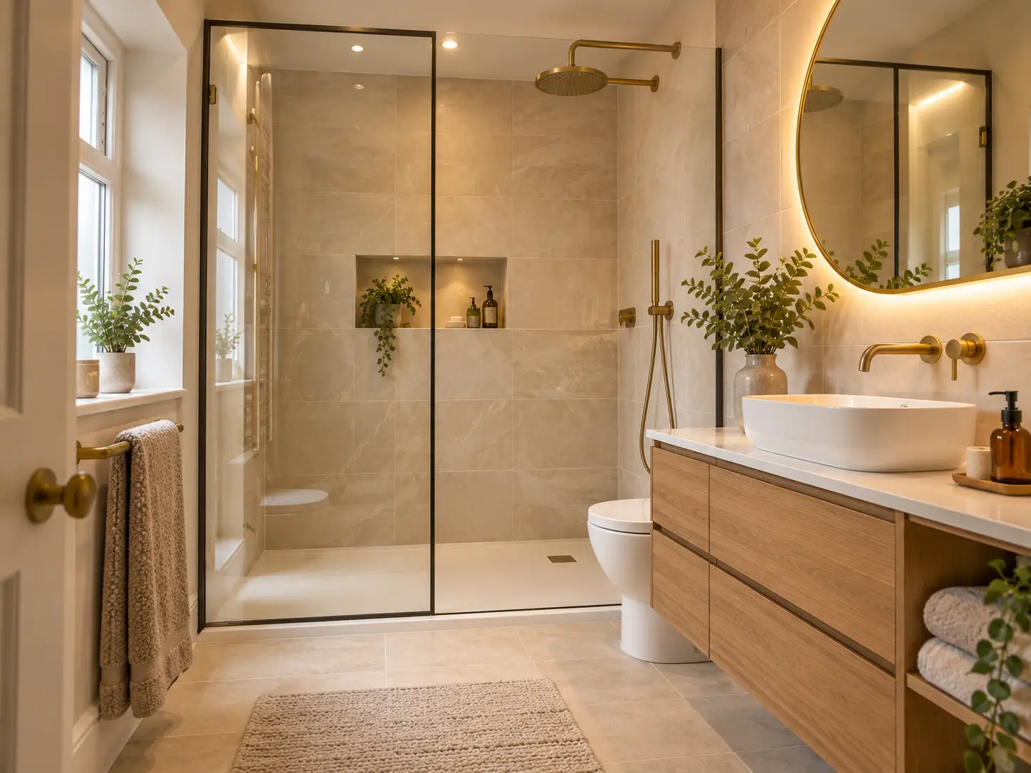 Contemporary fitted bathroom with modern sanitary ware and high-quality tiled finishes